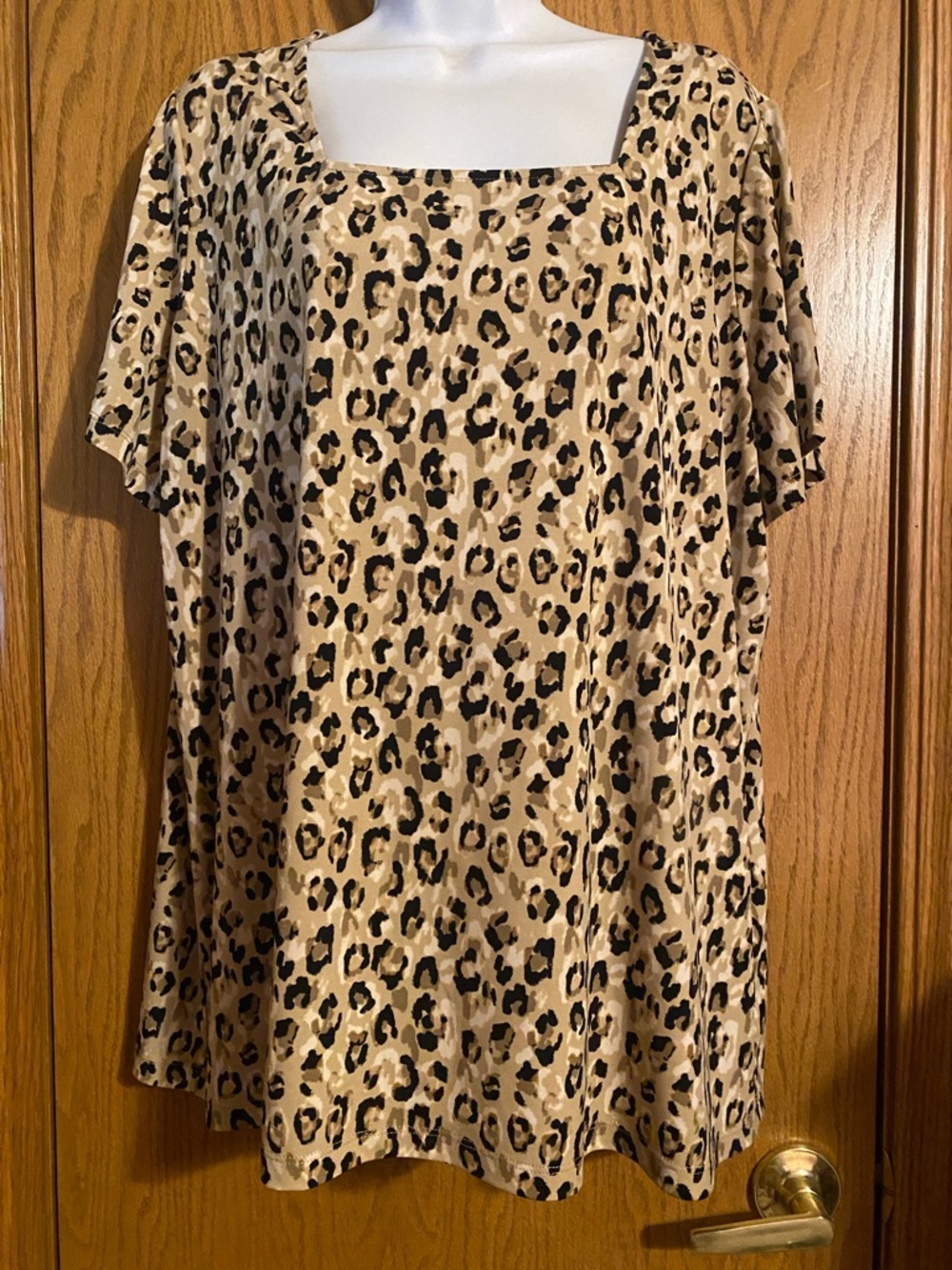 Susan Graver Leopard Print Square Neck Tunic - Taupe, Black, Brown